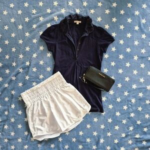 Burberry Navy Ruffle Collar Polo Top